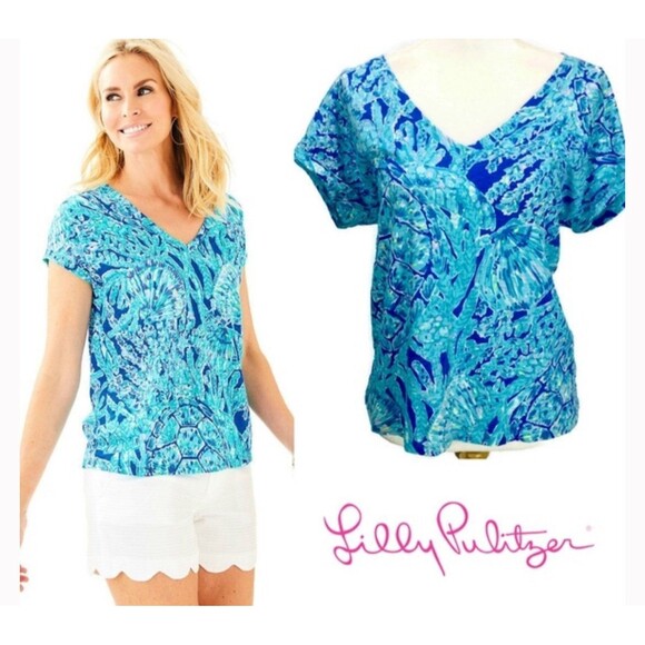 Lilly Pulitzer Daley Tee Tortuga Time Size S Blue ocean turtle shirt summer t - Picture 1 of 7